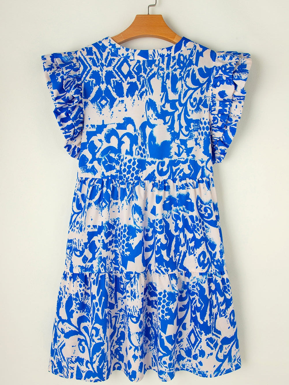 Elegant White Floral Printed V-Neck Ruffle Sleeve Mini Dress