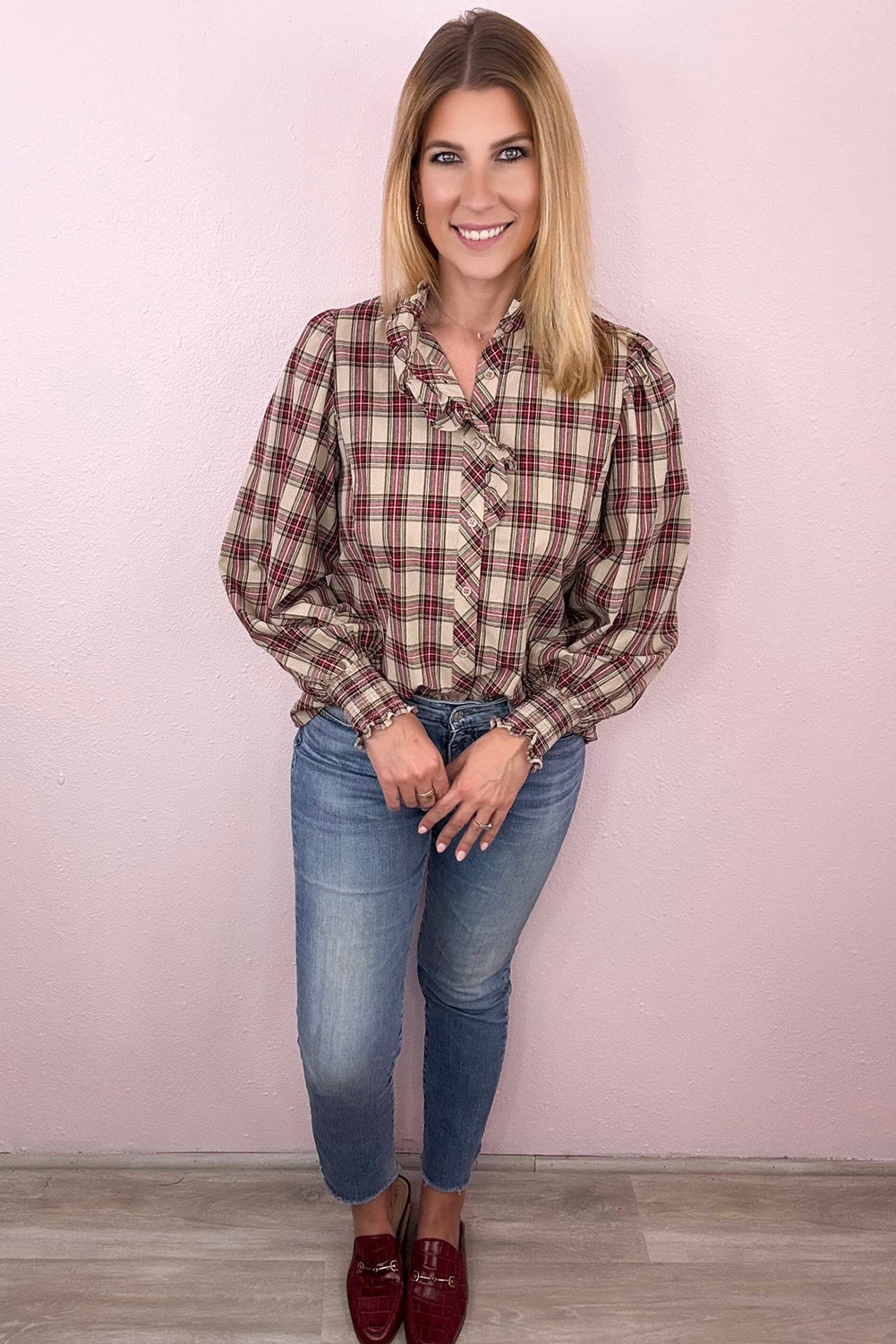 Apricot Plaid Pattern Frilled Collared Puff Sleeve Shirt