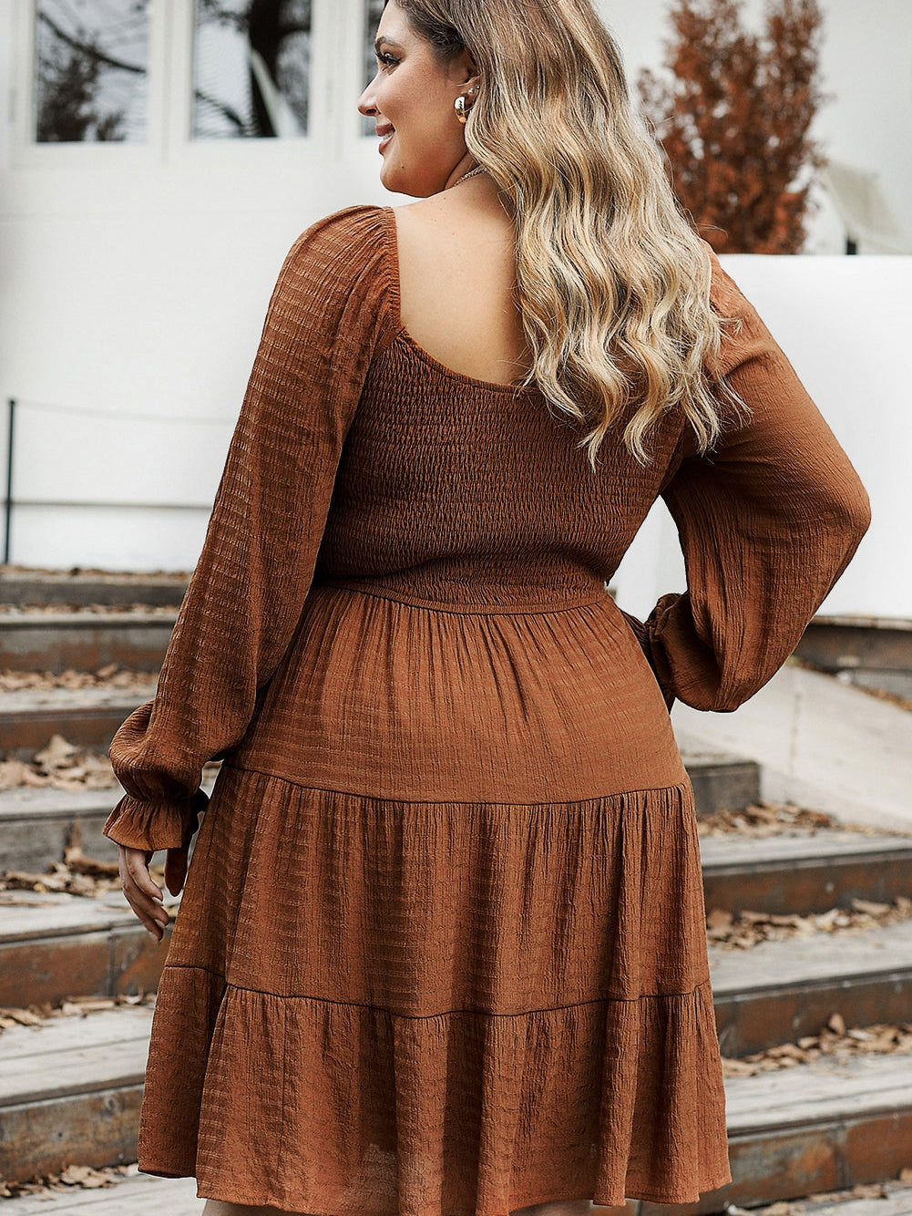 Chestnut Smocked Ruffle Sleeve Plus Size Tiered Mini Dress
