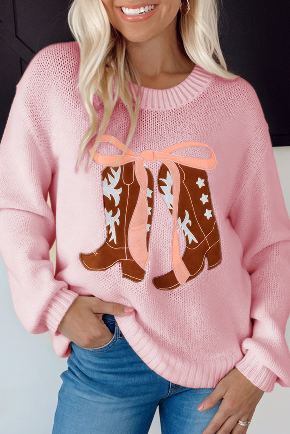 Pink Embroidered Bow Boots Graphic Drop Shoulder Sweater