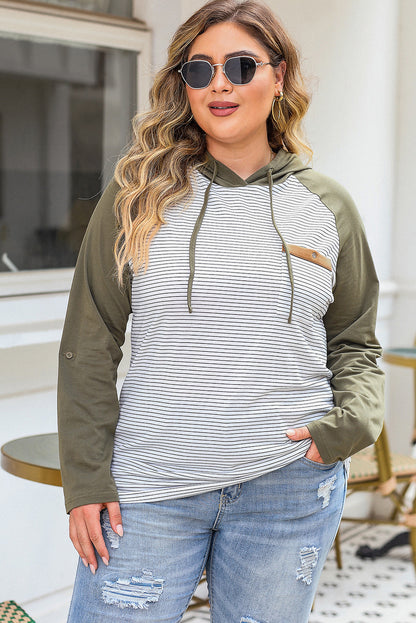 Green Striped Plus Size Hoodie with Raglan Sleeves and Buttoned Pocket