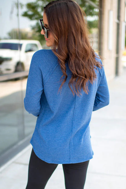 Sky Blue Solid Color Thermal Knit Exposed Seam Raglan Sleeve Top