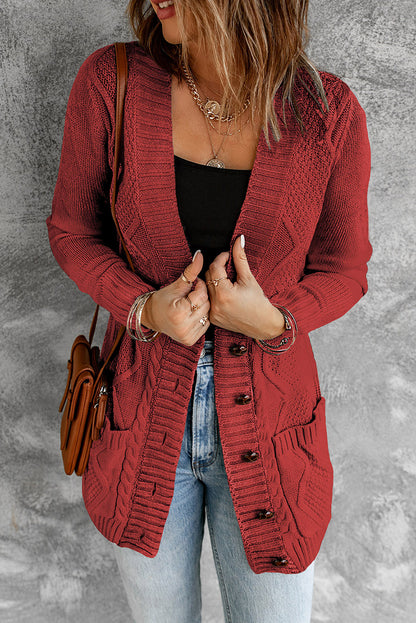 Burgundy Front Pocket and Buttons Closure Cardigan