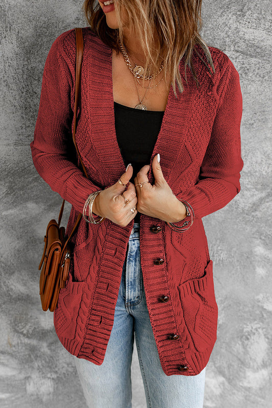 Burgundy Front Pocket and Buttons Closure Cardigan
