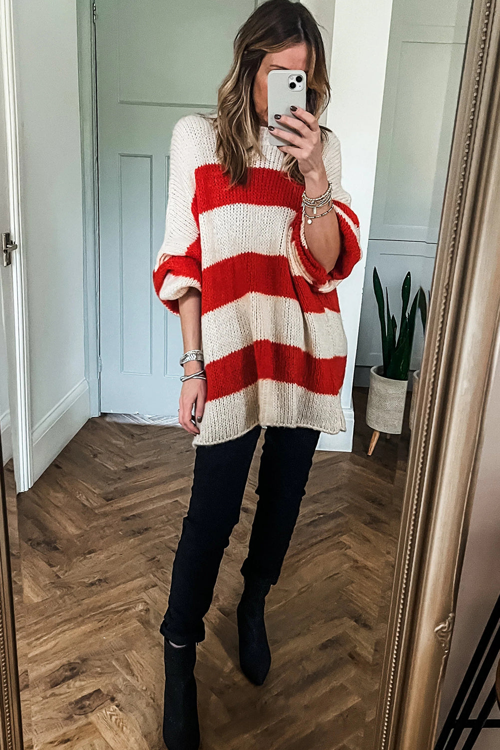 Red Stripe High Neck Oversized Knit Tunic Sweater