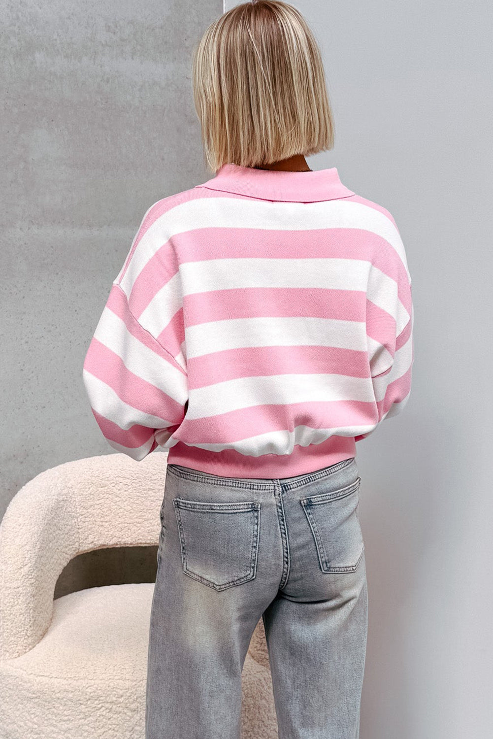 Pink Stripe Collar Zipped Drop Shoulder Casual Sweater