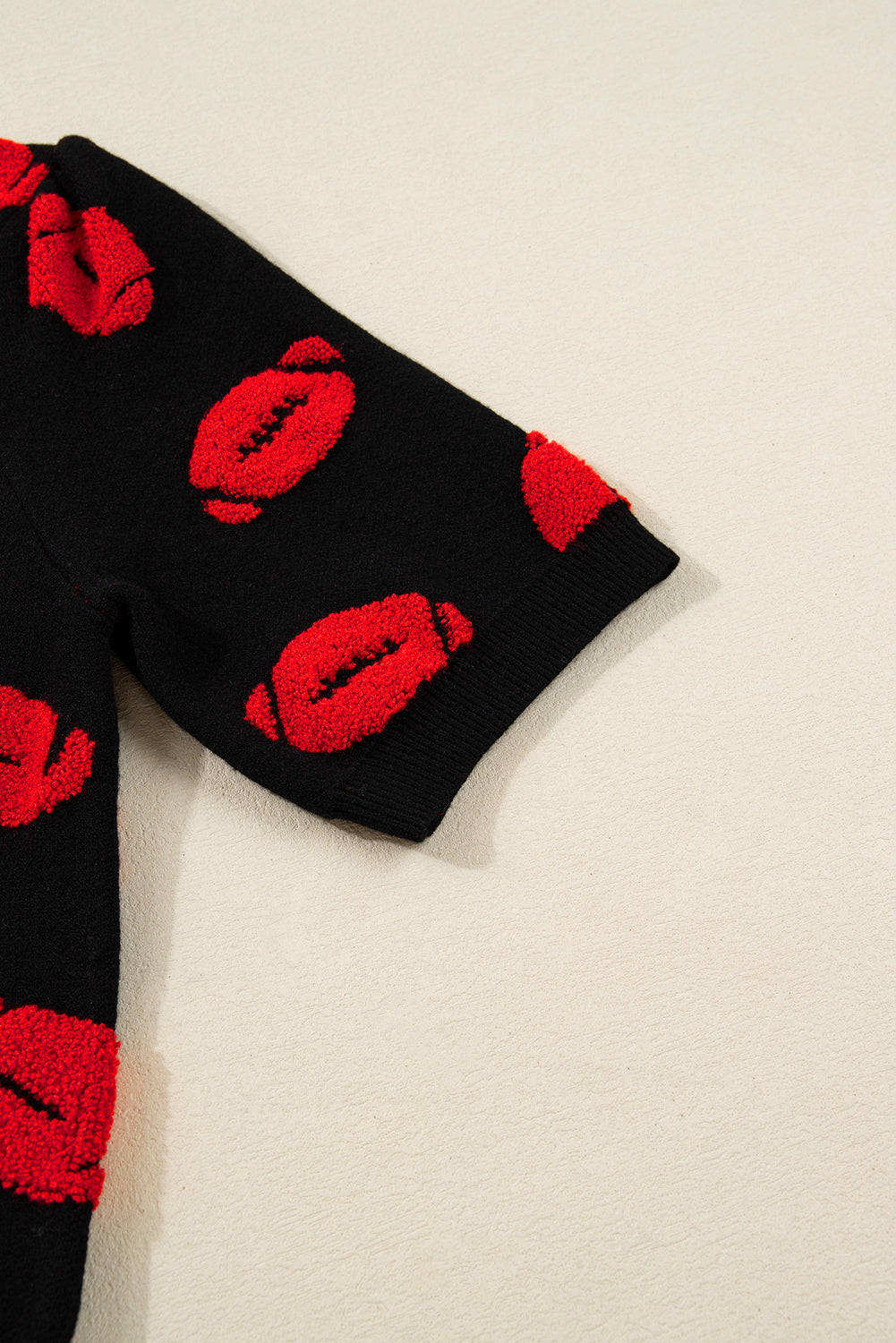 Black Rugby Print Casual Knit Short Sleeve Sweater