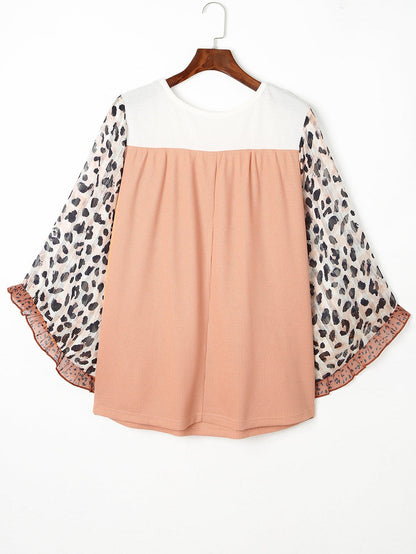 Leopard Print Ruffle Sleeve Color Block Top in Khaki