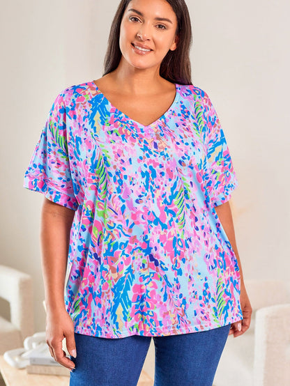 Sky Blue Floral Print Ruffle Sleeve Plus Size V Neck Top