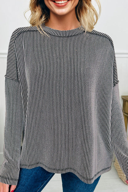 Black Twist Ribbed Exposed Seam Detail Long Sleeve Loose Top