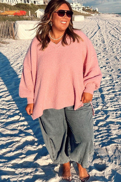 Gossamer Pink Drop Shoulder V Neck Hi Lo Casual Plus Size Sweater
