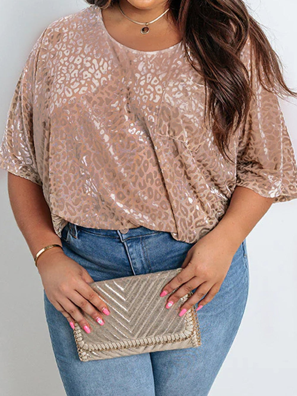 Plus Size Khaki Leopard Print V-Neck T-shirt