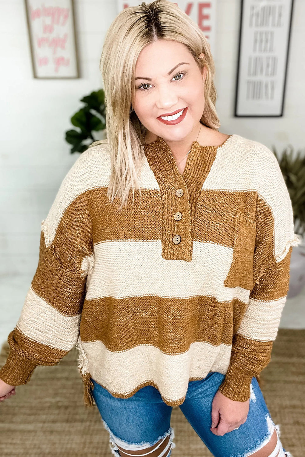 Khaki Stripe Single Chest Pocket Raw Seam Drop Shoulder Plus Size Henley Sweater