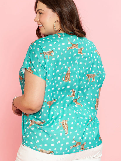 Green Cheetah Print V Neck Short Sleeve Plus Top