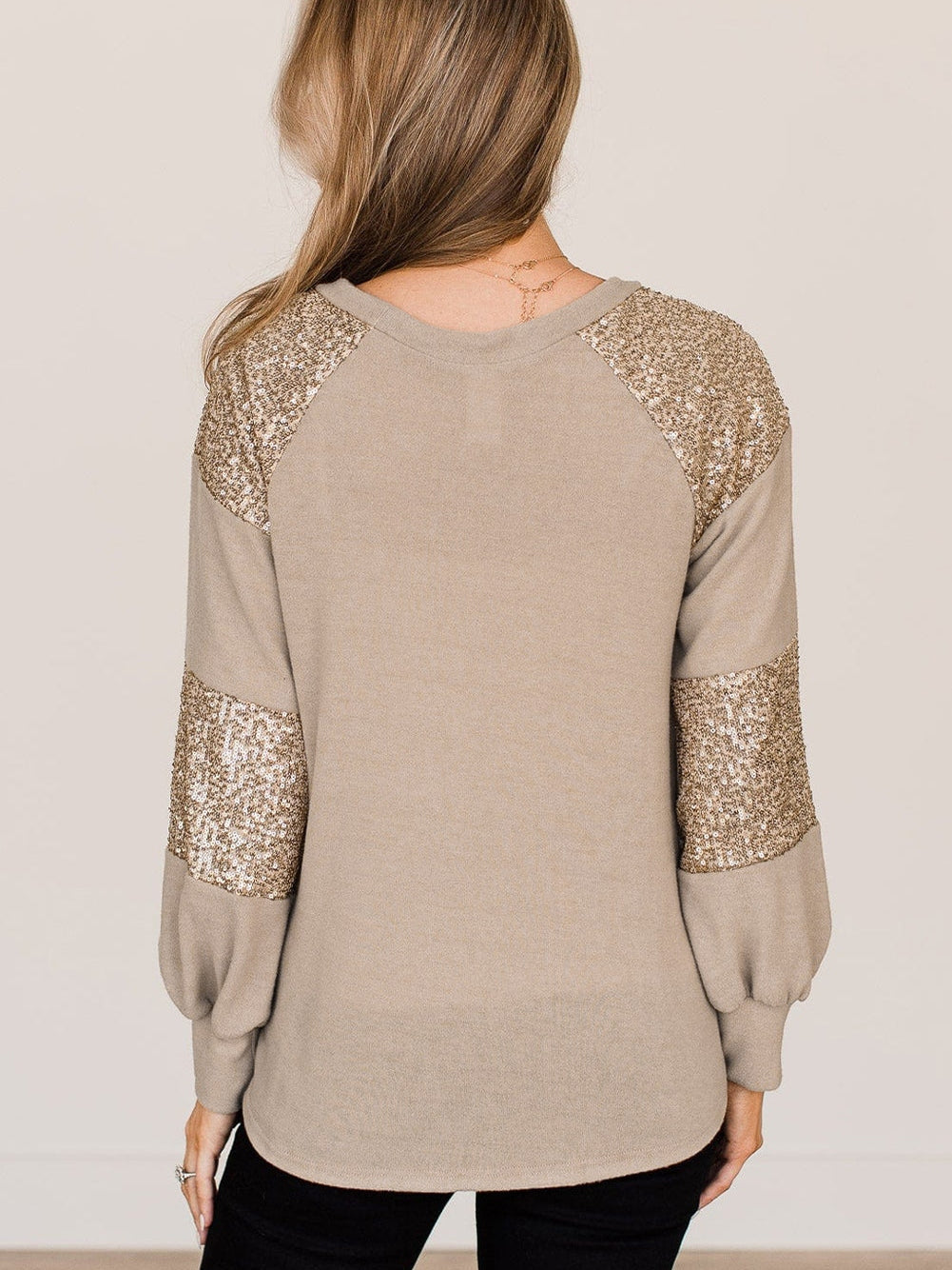 French Beige Sequin Embellished Long Sleeve Blouse