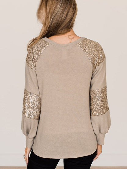 French Beige Sequin Embellished Long Sleeve Blouse