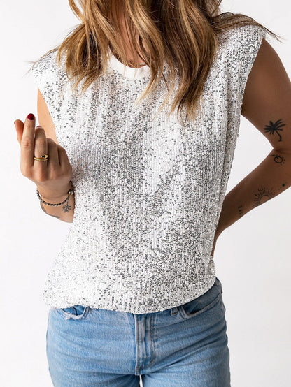 Apricot Sparkle Sleeveless Top with Round Neck