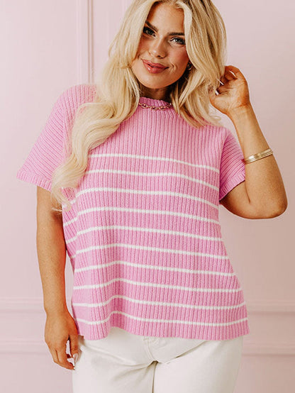 Pink Striped Ribbed Oversized T-Shirt for Plus Size Women