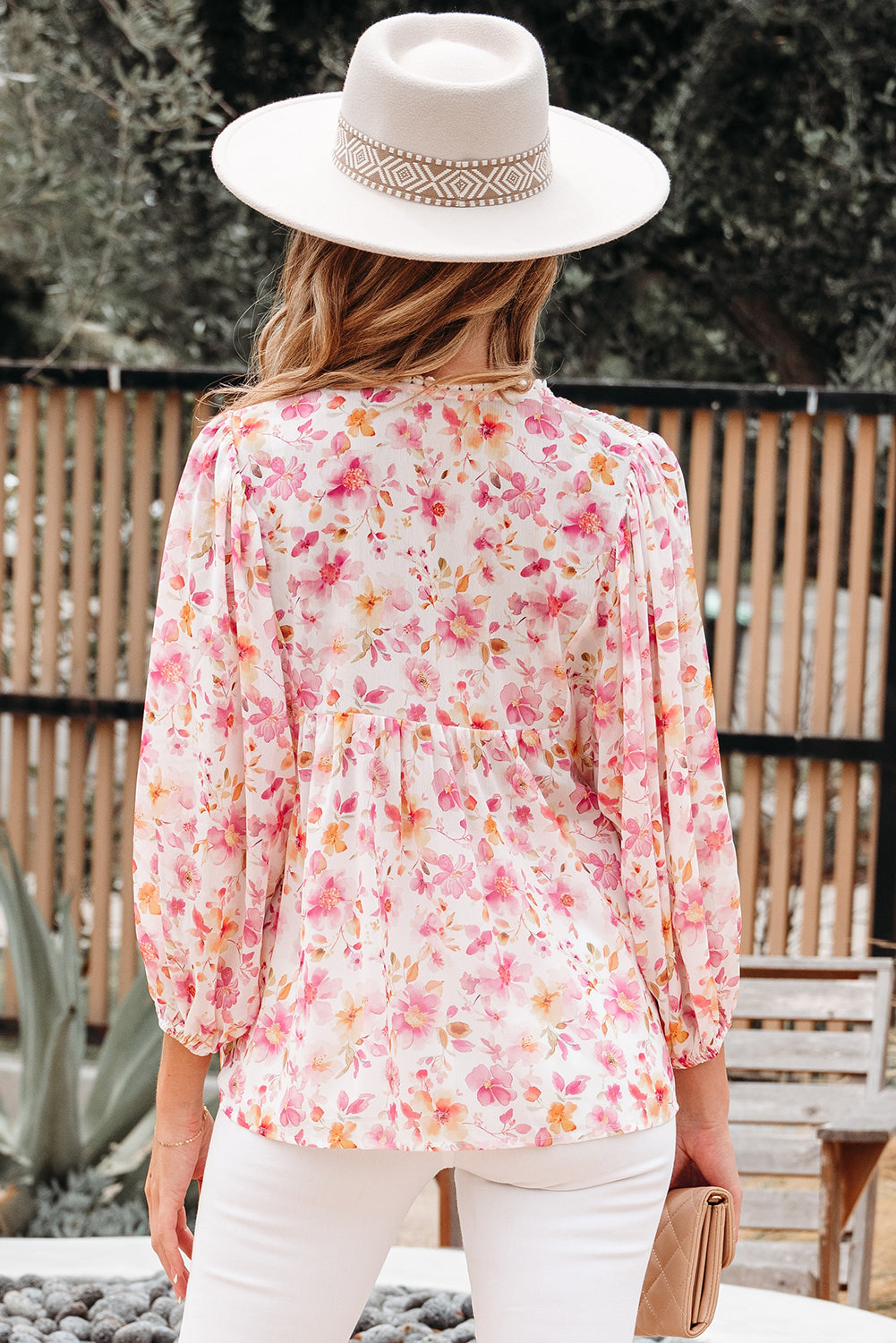pink floral blouse