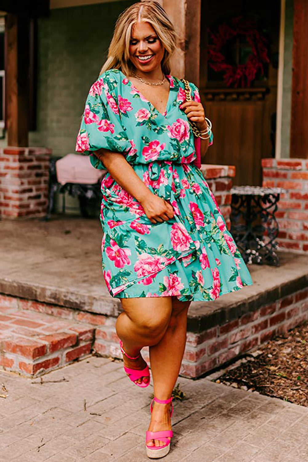 Green Floral Surplice Ruffled A-Line Plus Size Dress