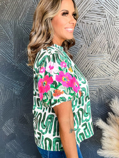 Green Floral Embroidered Puff Sleeve Frilled Neck Shift Top