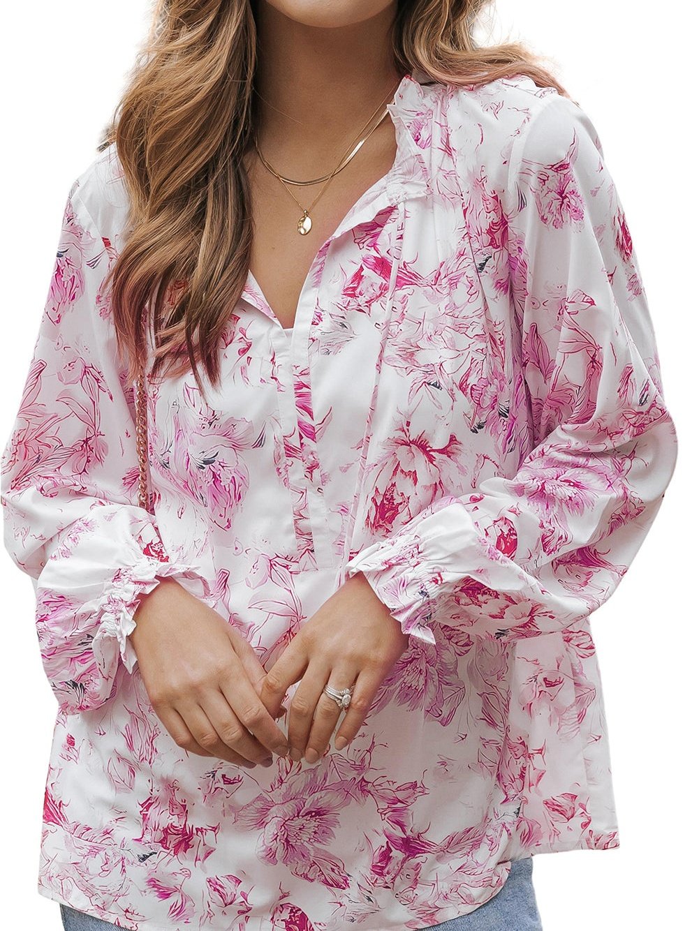 Floral Blossom V-Neck Ruffle Sleeve Blouse