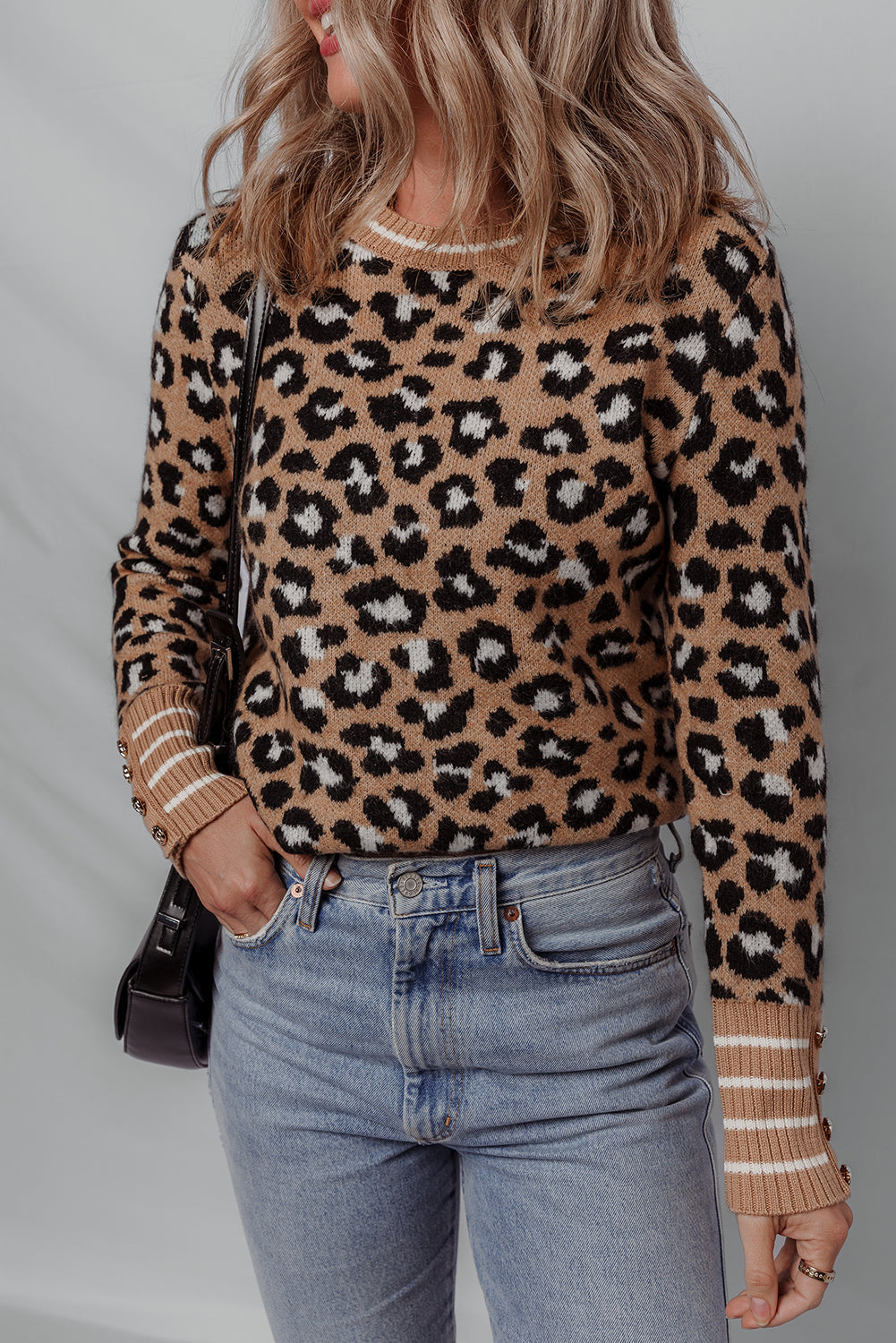 Brown Leopard Print Buttoned Sleeve Contrast Striped Edge Sweater