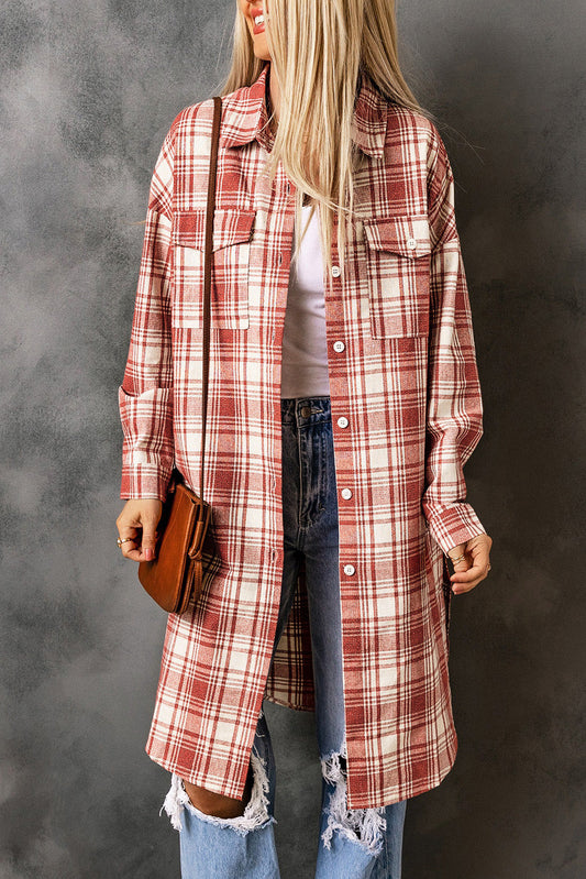 Fiery Red Plaid Print Longline Button-Up Jacket