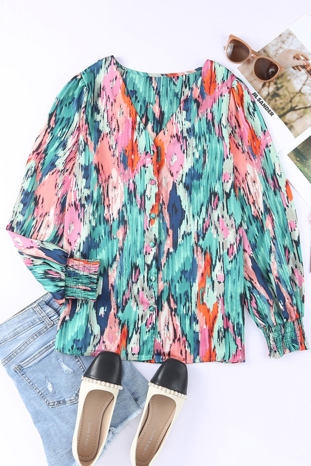 Green Abstract Print V Neck Long Sleeve Blouse for Women