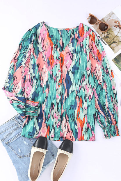 Green Abstract Print V Neck Long Sleeve Blouse for Women