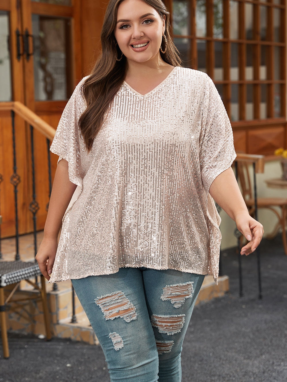 Apricot Plus Size Sequined V Neck Boxy Top