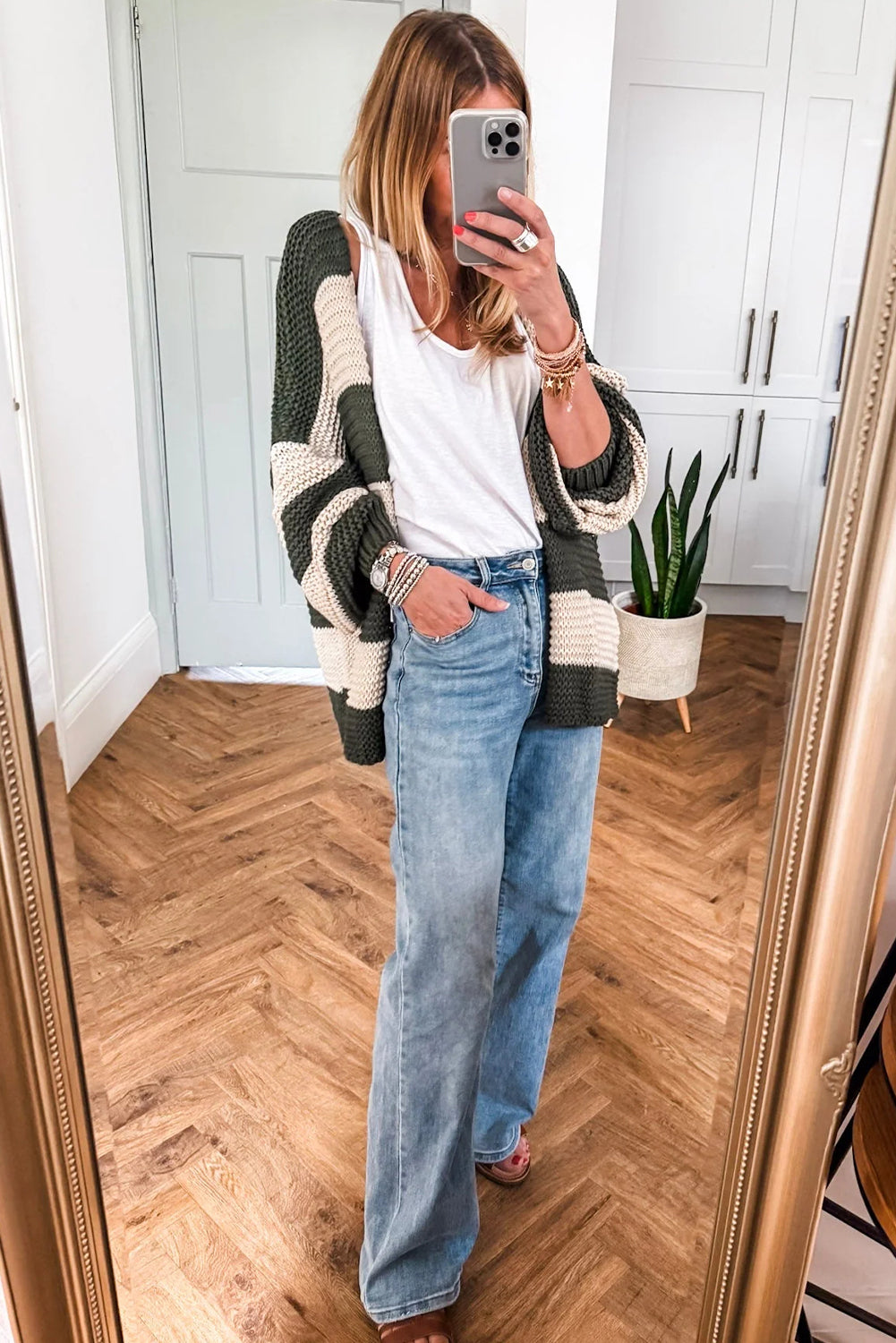 Green Stripe Drop Shoulder Open Slouchy Cardigan