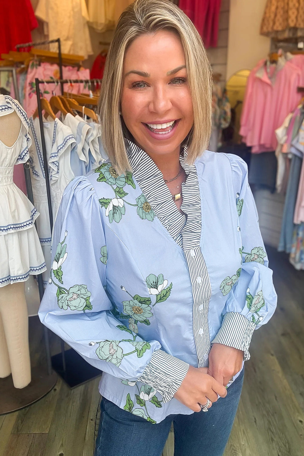 Sky Blue Floral Print Contrast Striped Trim Ruffled V Neck Fall Blouse
