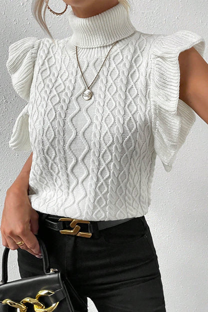 Elegant White Cable Knit Ruffle Sleeve Turtleneck Sweater