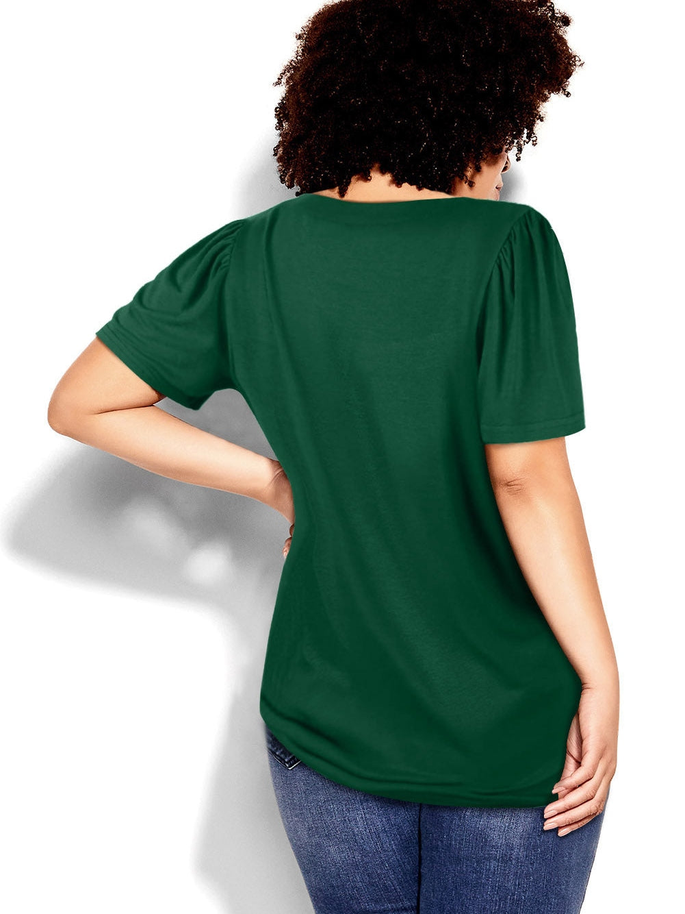 Ruched Shoulder Green Square Neck Plus Size Top