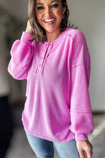 Sachet Pink Brushed Ribbed Knit Exposed Seam Drop Shoulder Henley Top