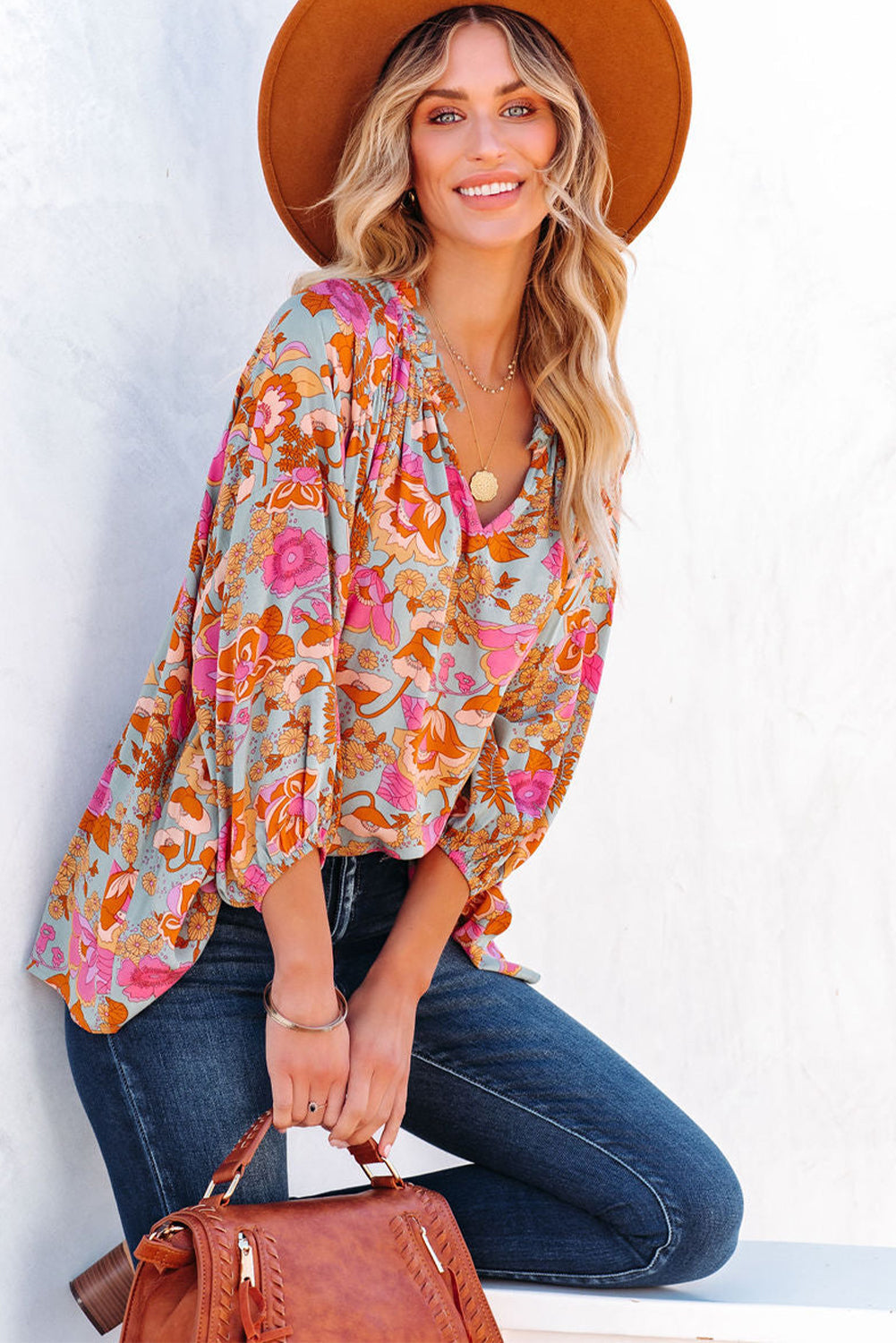 Elegant Floral Ruched V Neck Bohemian Blouse