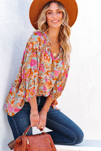 Elegant Floral Ruched V Neck Bohemian Blouse