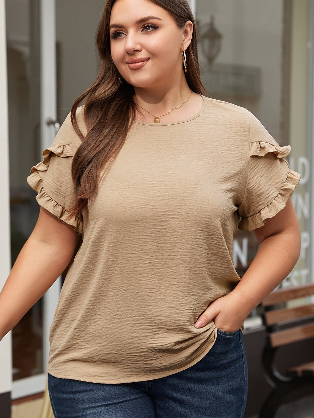 Light Beige Ruffle Sleeve Plus Size Top for a Chic Look