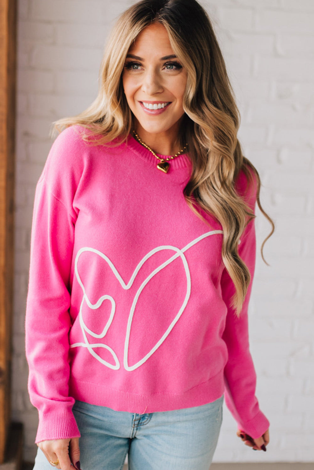 Heart Embroidered Ribbed Edge Crew Neck Sweater