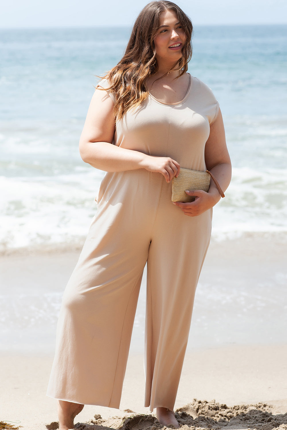 French Beige Wide Leg Jumpsuit with Cap Sleeves and Round Neck