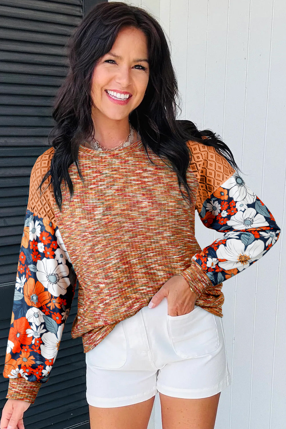 Orange Heathered Knit Lace Floral Patchwork Long Sleeve Blouse