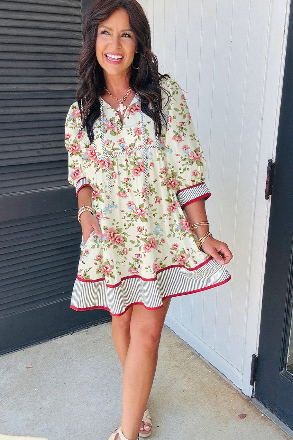 Apricot Striped Edge 3/4 Puff Sleeve Floral Dress