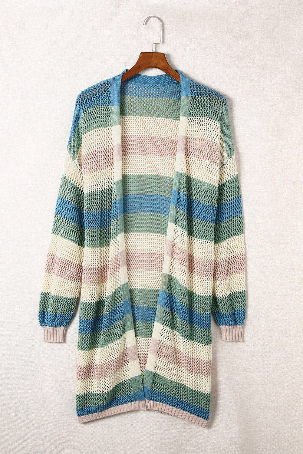 Green Hollowed Knit Color Block Striped Cardigan for Fall