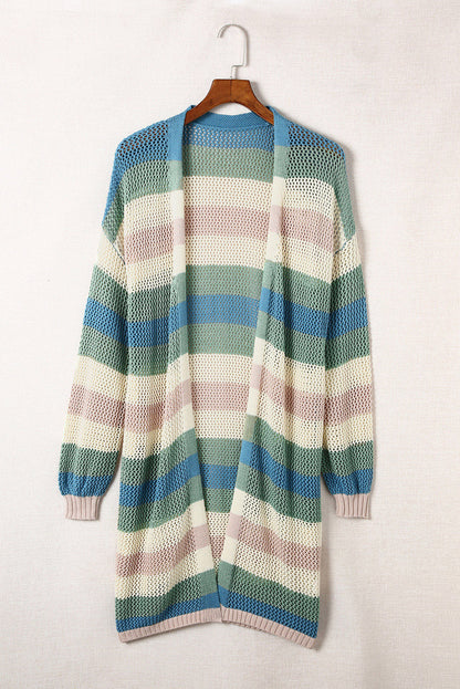 Green Hollowed Knit Color Block Striped Cardigan for Fall
