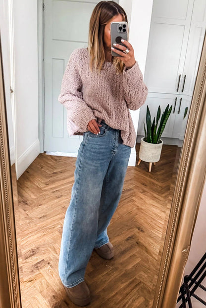 Dusty Pink Round Neck Fuzzy Knit Drop Shoulder Loose Sweater