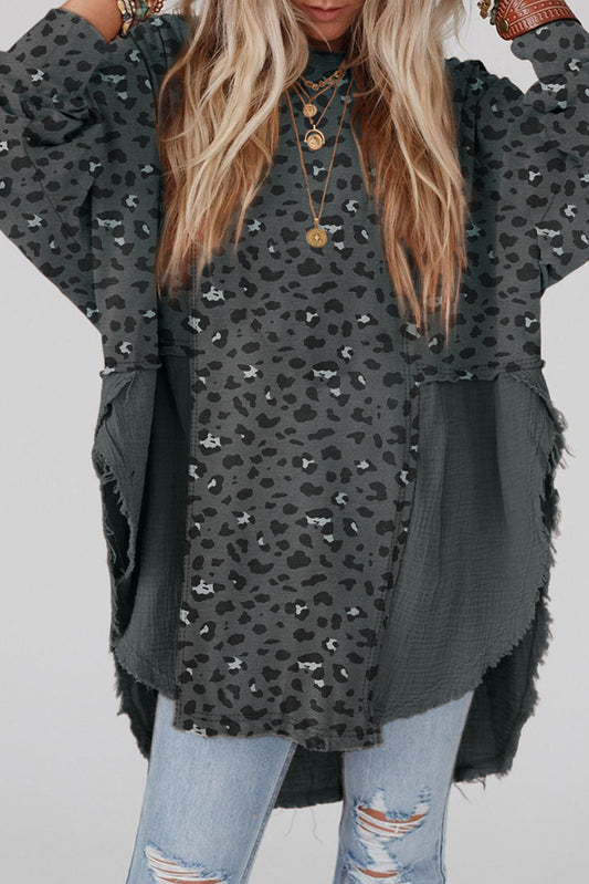 Leopard Patchwork Oversized Grey Blouse with Raw Hem