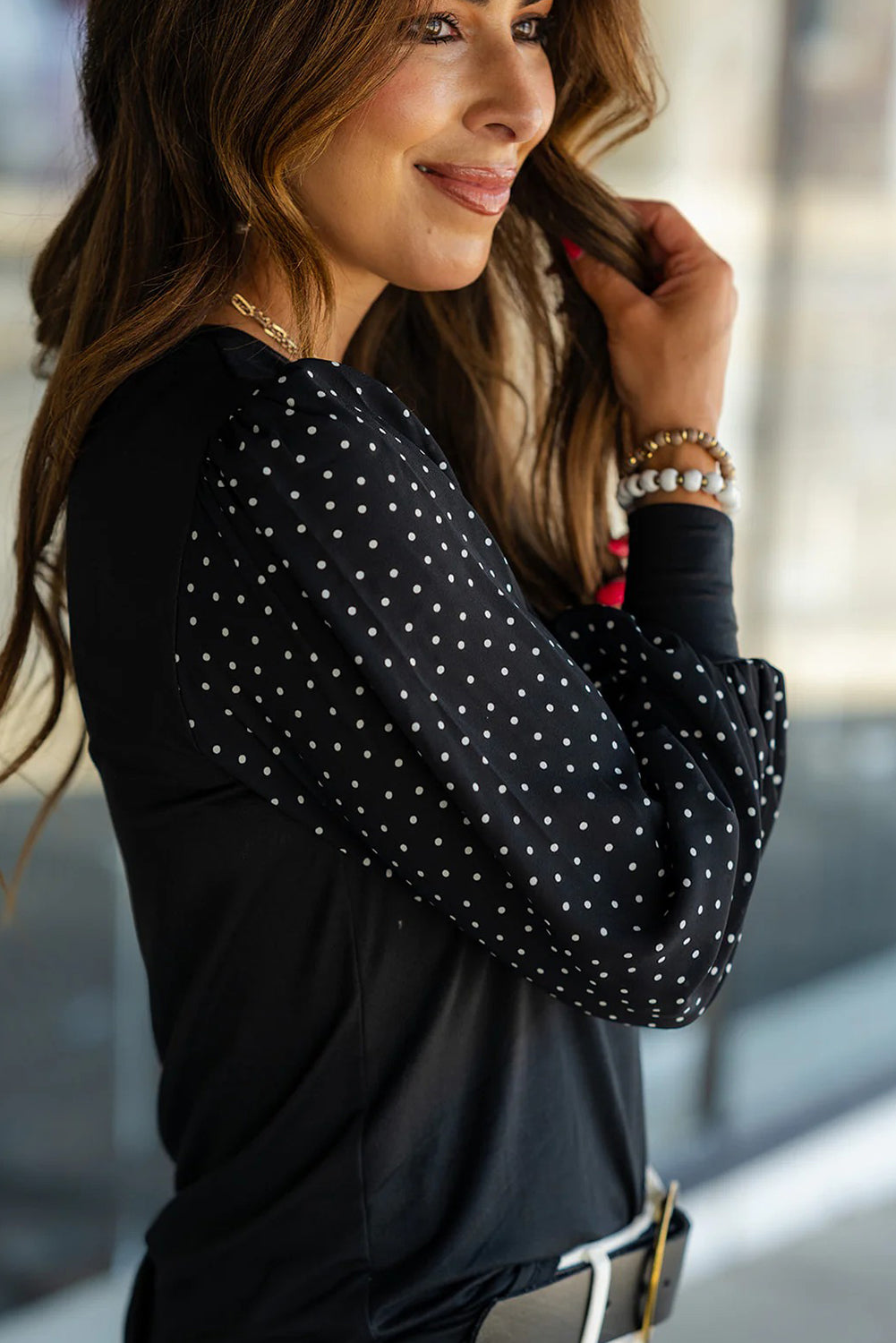 Black Polka Dot Chiffon Long Sleeve Patchwork Round Neck Blouse