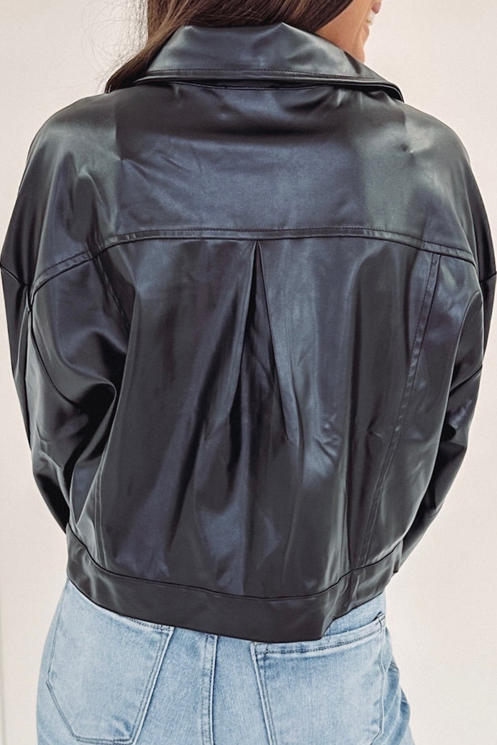 Black Faux Leather Snap Button Collared Patched Pocket Jacket