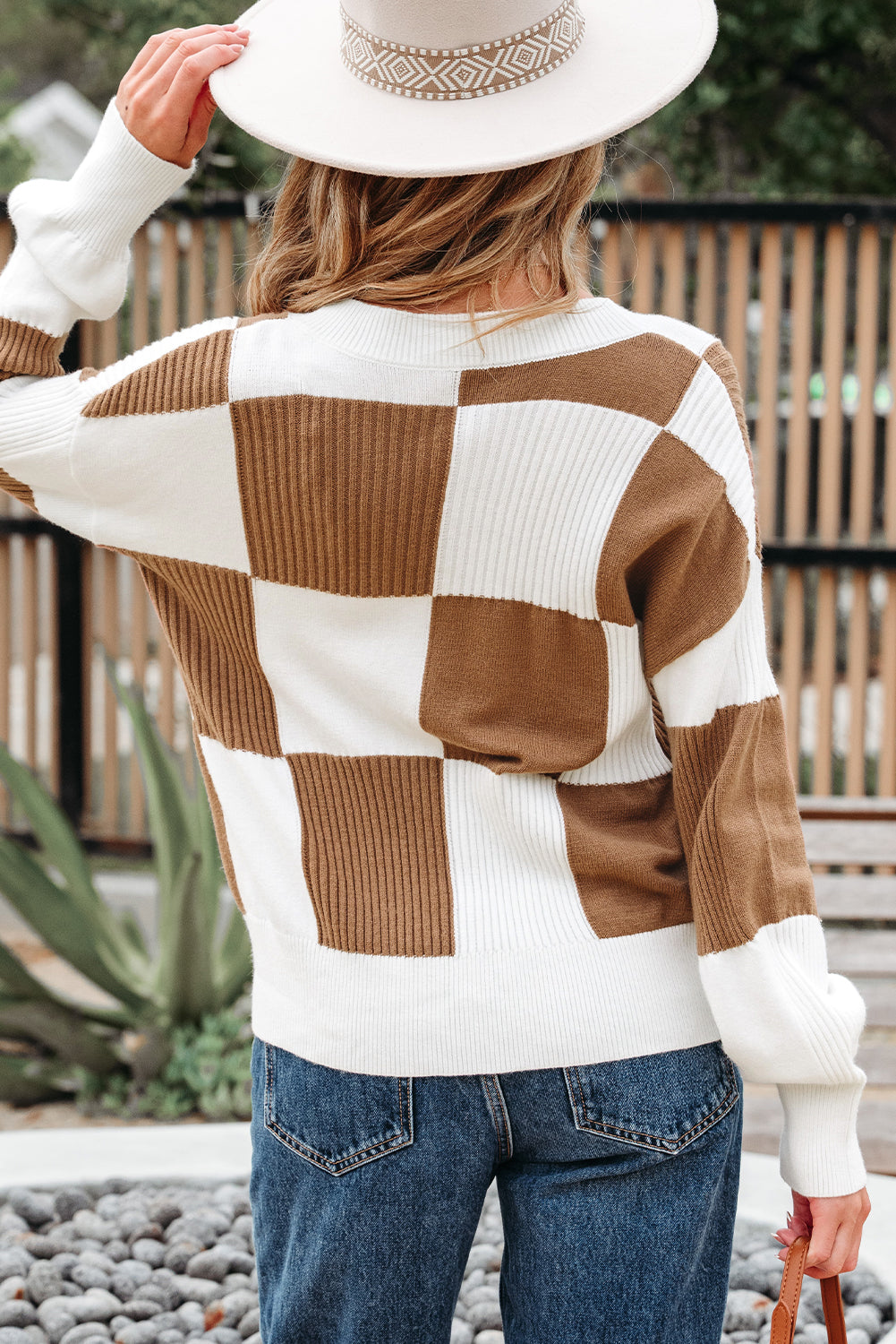 checkered cardigan sweater